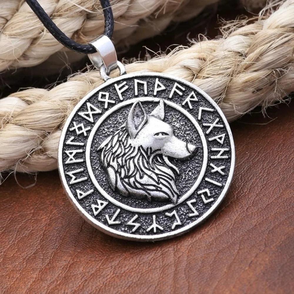 Silver Wolf Pendant with Runes